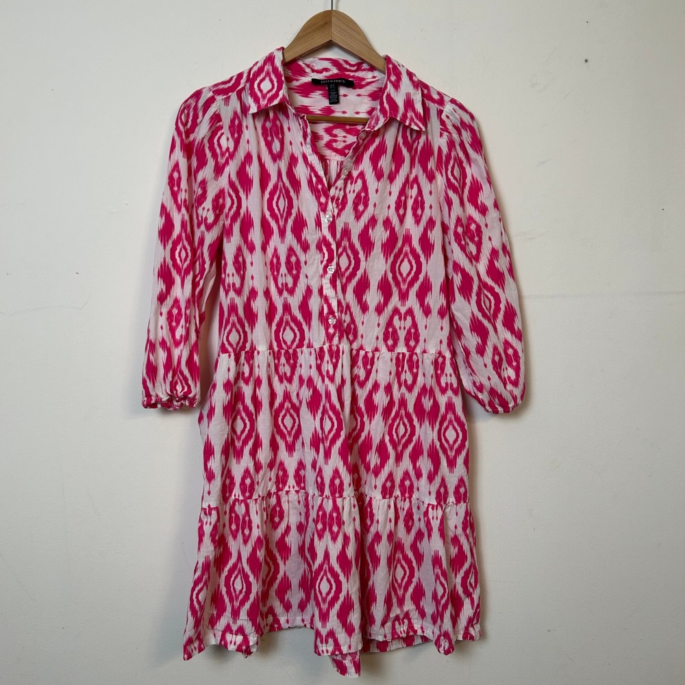 Ellen Tracy Shirt Mini Dress Drop‎ Waist Casual M Pink Print Summer Boho